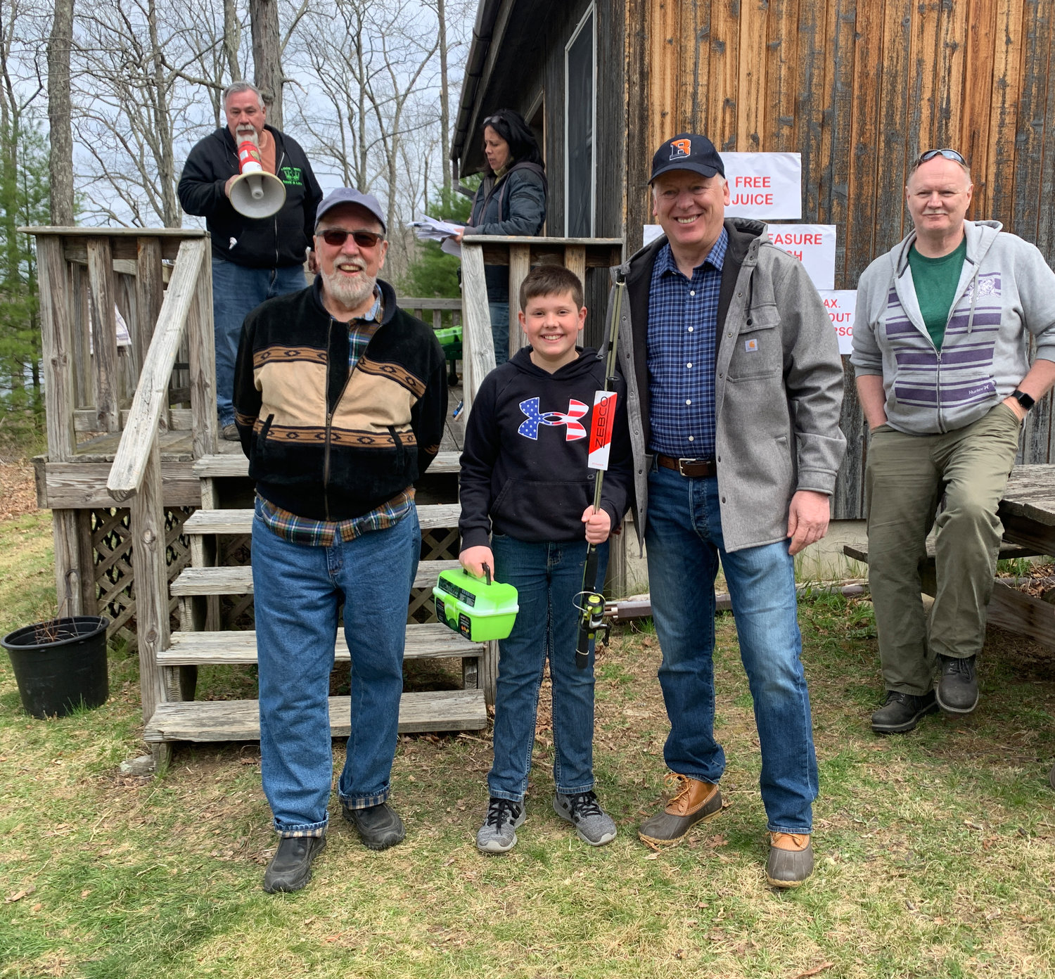 Big fish. Pictured in front are Tony Waldron; Alden Abbott, the winner of the 10–11 age group, who caught the day's largest trout; Ronald Schmalzle; and Ed Haberzettl. In the back are Randy Fuller and Lorraine Lombardo.....